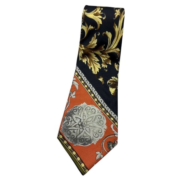 PAL ZILERI Men's 100% Silk Necktie LUXURY Tie Black Gold Baroque W:3.7" EUC